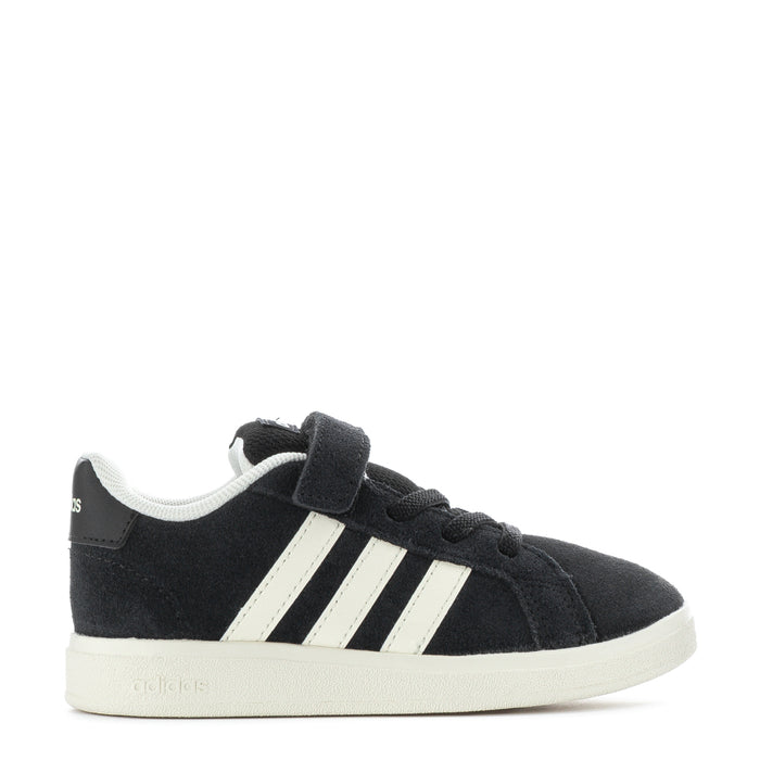 Black toddler sneakers, white triple stripes, hook-and-loop strap, low rubber sole