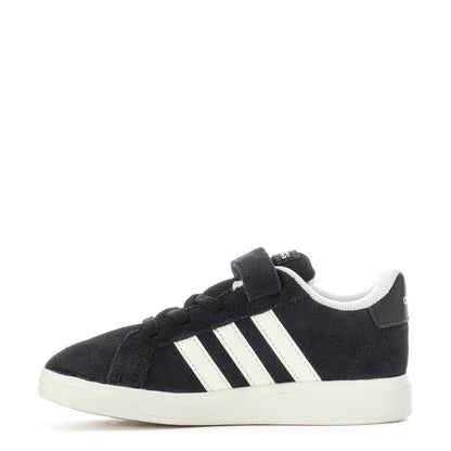 Black toddler sneakers side view, white triple stripes, adjustable hook-and-loop strap