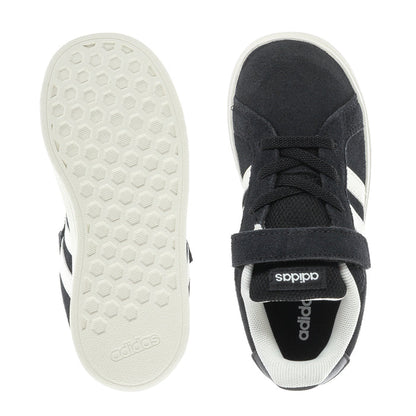 Black toddler sneakers outsole and toe view, white rubber traction sole