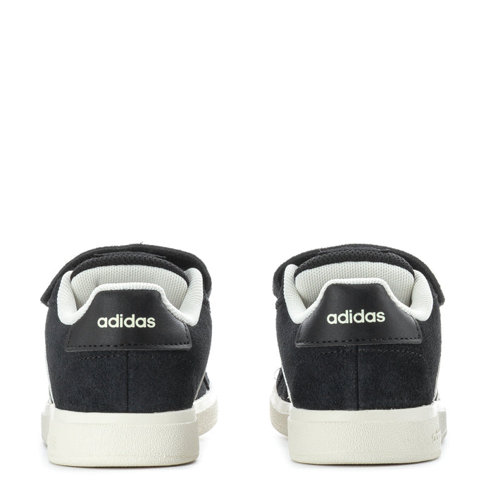 Black toddler sneakers heel view with adidas logo and white sole
