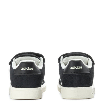 Black toddler sneakers heel view with adidas logo and white sole