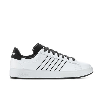 Men's adidas sneakers in white with black stripes and lace-up front.