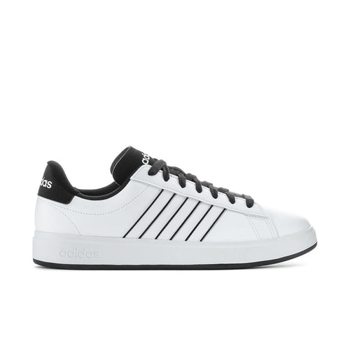 Men's adidas sneakers in white with black stripes and lace-up front.