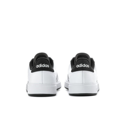 Men's adidas sneakers with white leather-look uppers and black heel tabs.