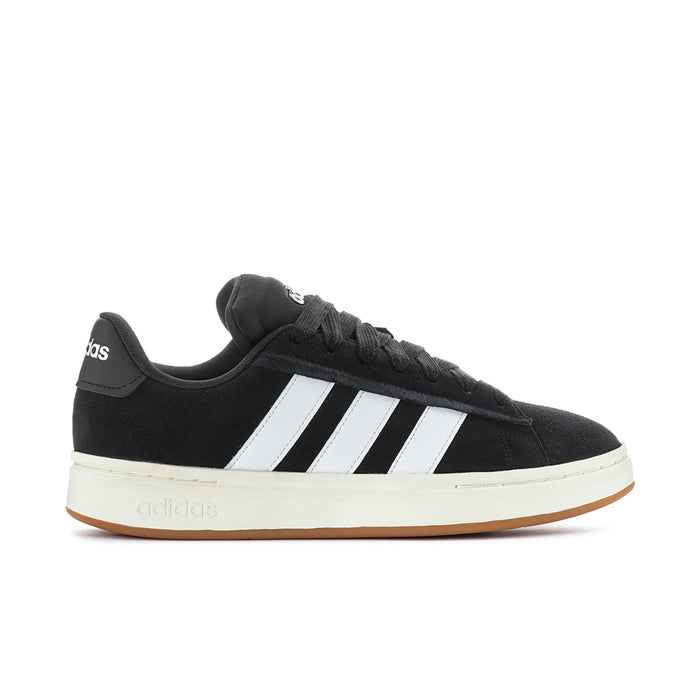 Men's adidas sneakers, black upper with white triple stripes and gum-brown sole