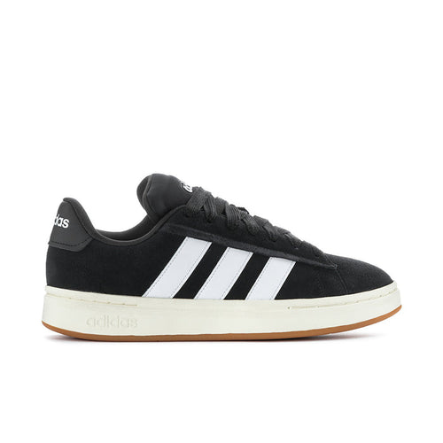 Men's adidas sneakers, black upper with white triple stripes and gum-brown sole
