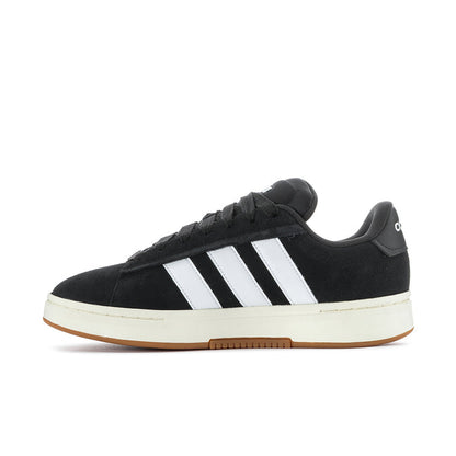 Men's adidas sneakers, black low-top with white triple stripes and gum-brown outsole