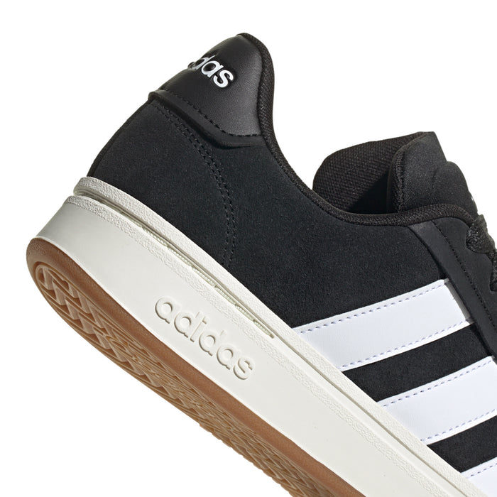 Men's adidas sneakers, black suede-style upper with white stripe panel and gum sole