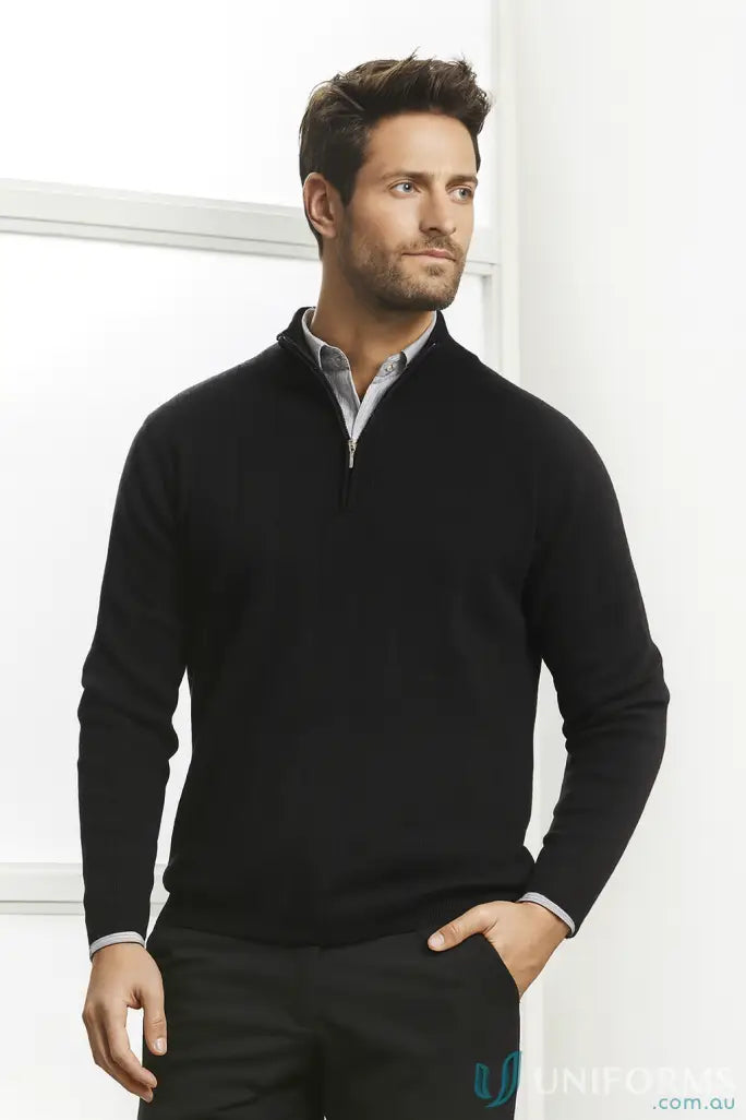 Mens black zip merino rich pullover over a collared shirt, made from premium fabric