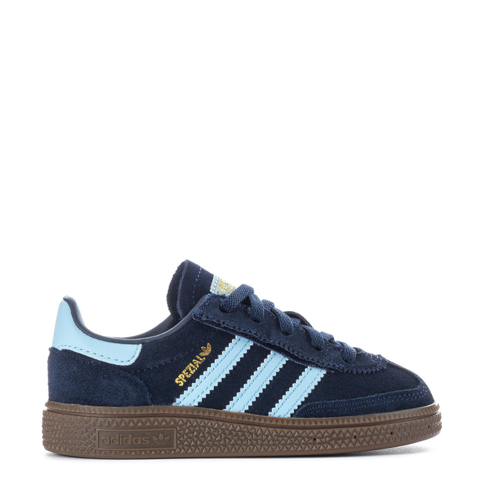 Toddler navy suede sneakers with light blue stripes, gum sole, and SPEZIAL detail