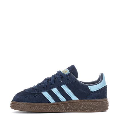 Toddler navy suede sneakers with light blue stripes and textured gum outsole
