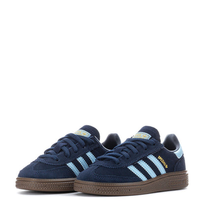 Pair of toddler navy sneakers with light blue stripes and brown gum rubber outsole