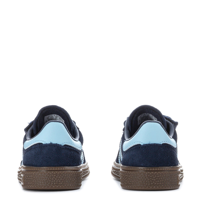 Toddler navy sneakers rear view with light blue collar lining and textured gum sole