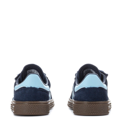 Toddler navy sneakers rear view with light blue collar lining and textured gum sole