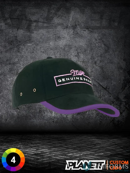 Black baseball cap with purple brim from HBC Peak and Arch Trim stock range