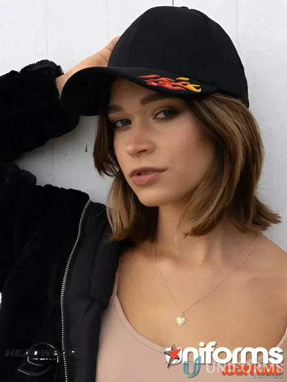 High quality stock black cap with flame design from HBC with Sonic Weld Flames