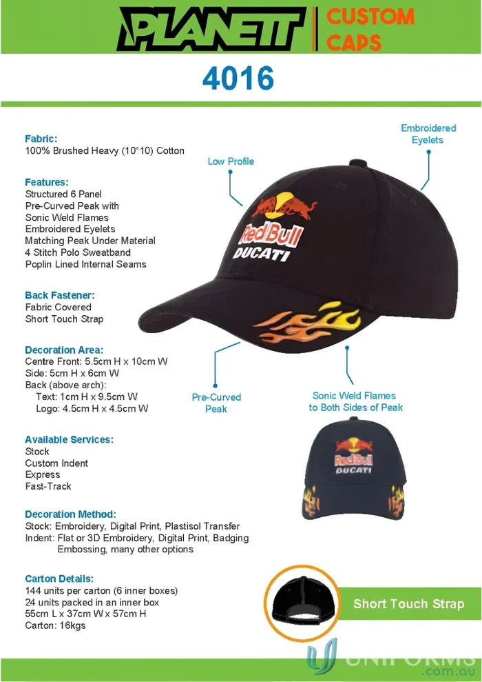 Customizable baseball cap HBC with Sonic Weld Flames, high quality stock, wide range