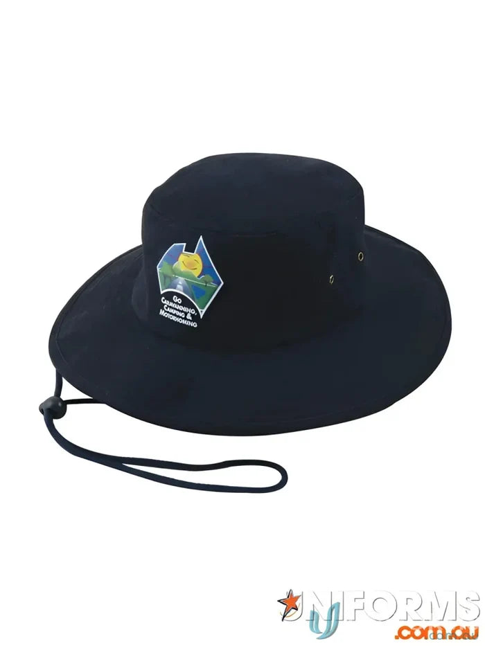 Black wide-brimmed sun hat from Headwear Stockists in brushed heavy sports twill