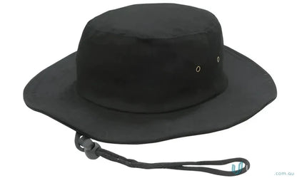 Black bucket hat with chin strap from Headwear Stockists Brushed Heavy Sports Twill Hat