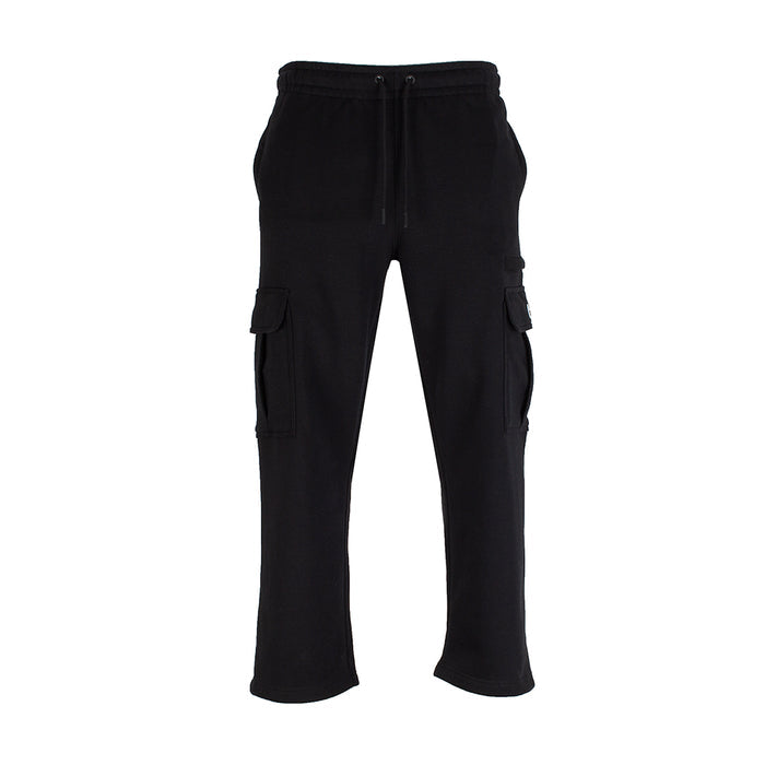 Black men's heavyweight open-hem cargo sweatpants with drawstring waist and cargo pockets