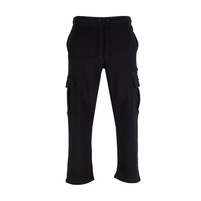 Black men's heavyweight open-hem cargo sweatpants with drawstring waist and cargo pockets