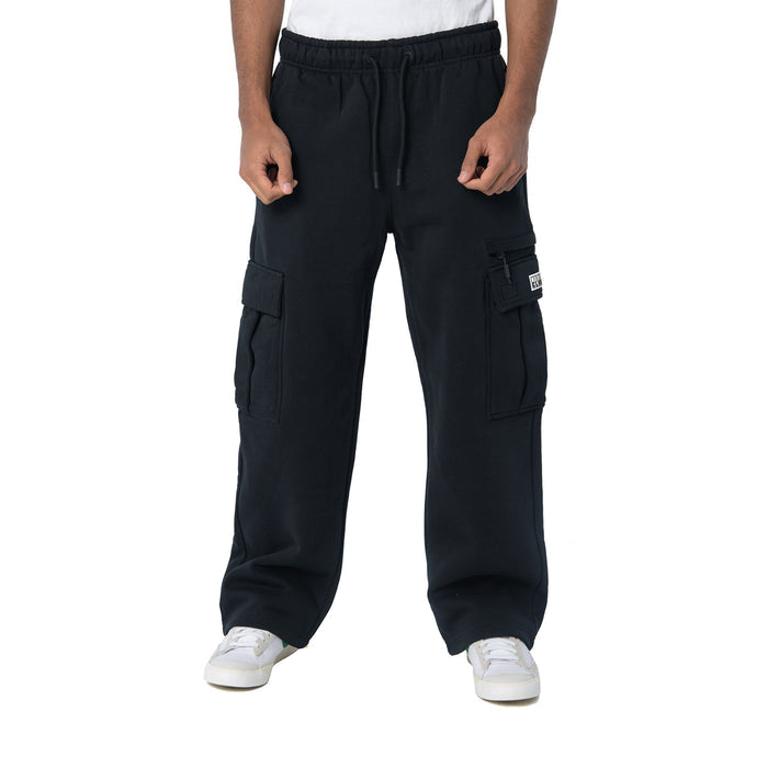 Dark cargo sweatpants with drawstring waist and side cargo pockets