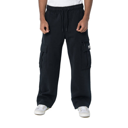 Dark cargo sweatpants with drawstring waist and side cargo pockets