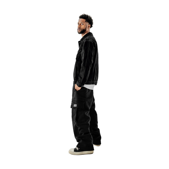Black cargo sweatpants, side view, elastic waistband and open-hem ankle cuffs
