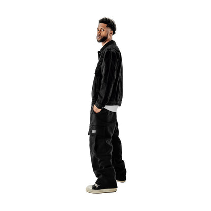 Black cargo sweatpants, side view, elastic waistband and open-hem ankle cuffs