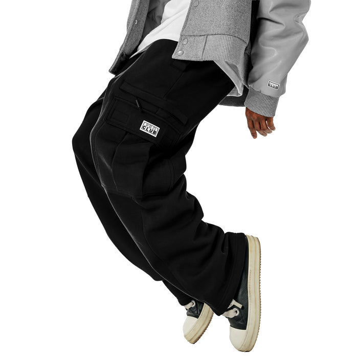 Black cargo sweatpants with flap cargo pocket and open-hem cuff