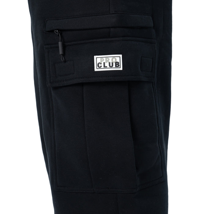 Black cargo sweatpants front with PRO CLUB label on utility pocket