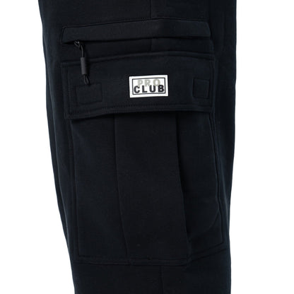 Black cargo sweatpants front with PRO CLUB label on utility pocket