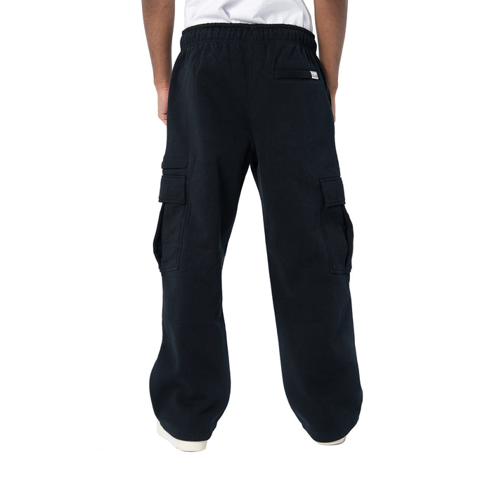 Black cargo sweatpants, rear view, elastic waistband and cargo pockets