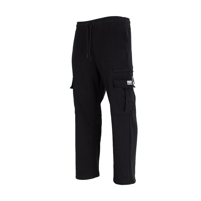 Black cargo sweatpants with cargo pocket detail and open-hem ankle cuffs