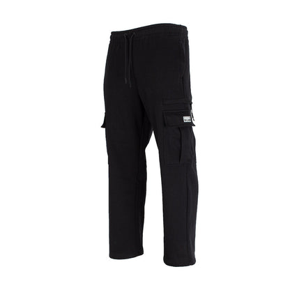 Black cargo sweatpants with cargo pocket detail and open-hem ankle cuffs
