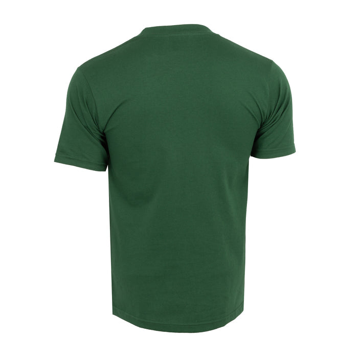 Men's forest green heavyweight crew neck T-shirt, back view, short sleeves