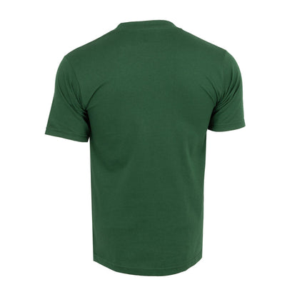 Men's forest green heavyweight crew neck T-shirt, back view, short sleeves