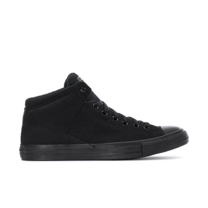 Men's black high-top sneaker, lace-up with rubber toe cap and low-profile sole