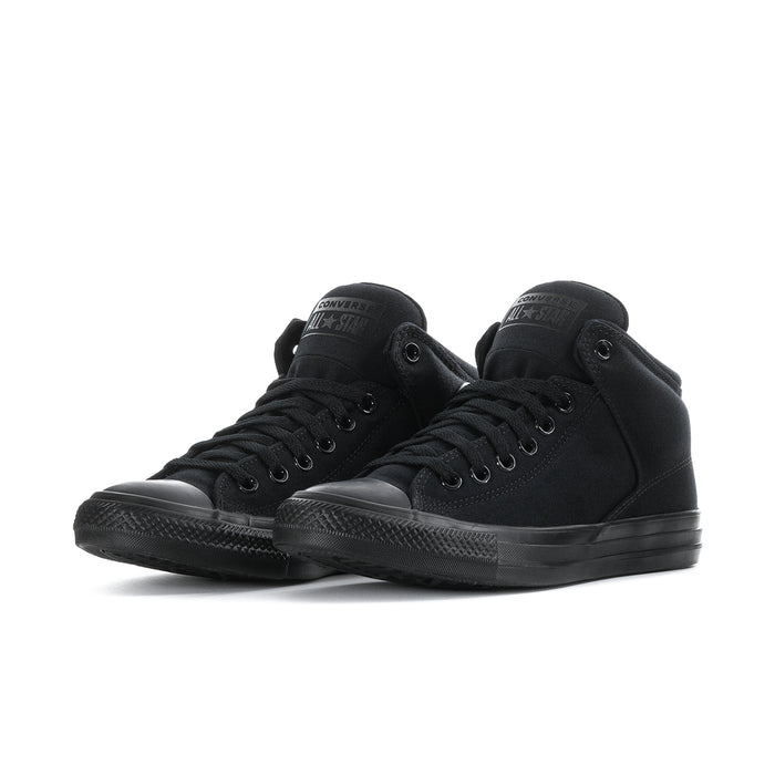 Pair of men's black lace-up high-top sneakers with chunky rubber sole, side profile view