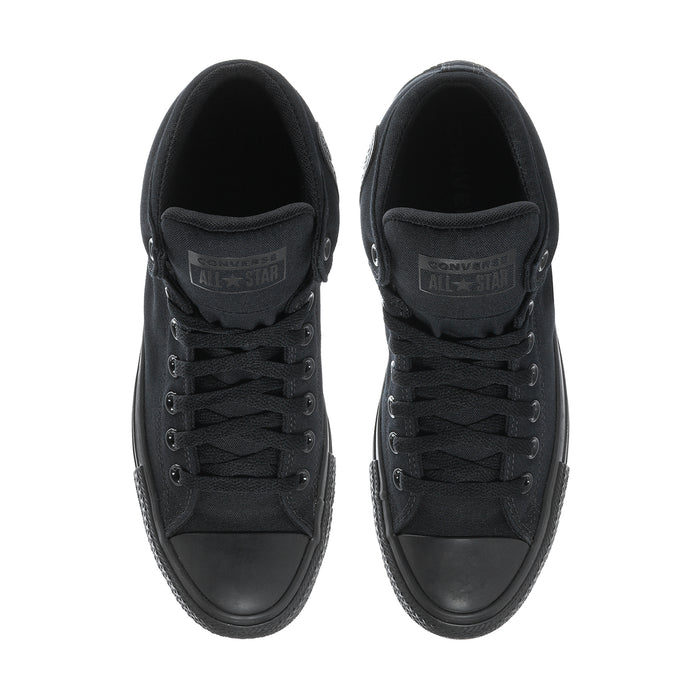 Men's black high-top sneakers, front view with laces and interior tongue label