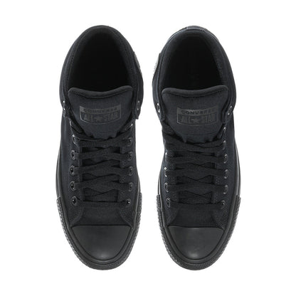 Men's black high-top sneakers, front view with laces and interior tongue label