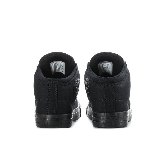 Men's black high-top sneakers, rear view with heel tabs and rubber bumper sole