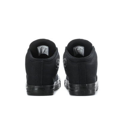 Men's black high-top sneakers, rear view with heel tabs and rubber bumper sole