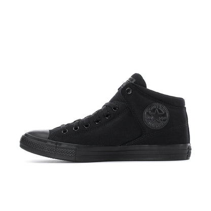 Men's black high-top sneaker, side view with circular logo patch and rubber toe bumper