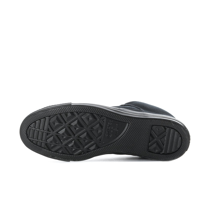 Men's black high-top sneaker outsole, diamond tread pattern on rubber sole