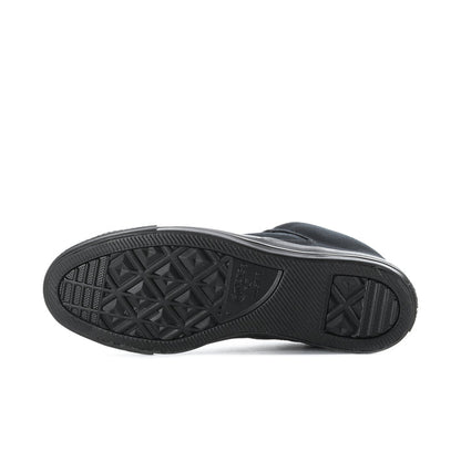 Men's black high-top sneaker outsole, diamond tread pattern on rubber sole