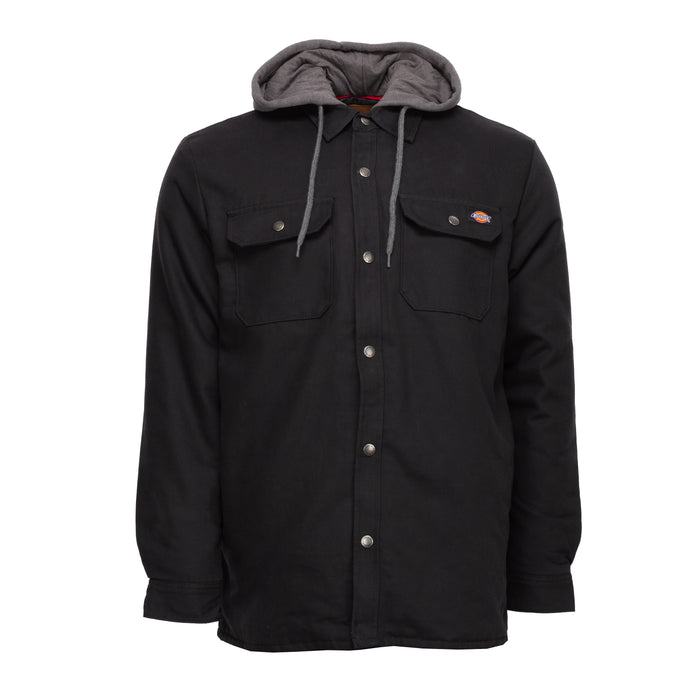Men's black hooded shirt jacket with snap buttons, two chest pockets, gray hood lining