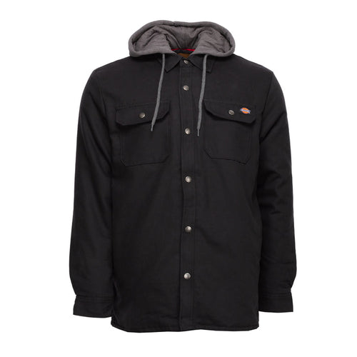 Men's black hooded shirt jacket with snap buttons, two chest pockets, gray hood lining
