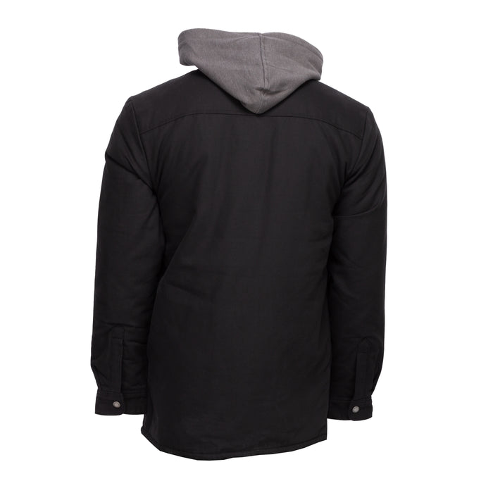 Men's black hooded shirt jacket, back view, gray hood, buttoned cuffs