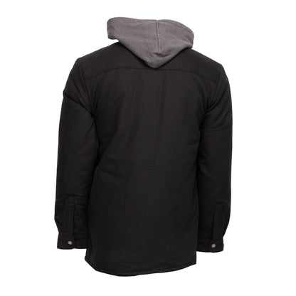 Men's black hooded shirt jacket, back view, gray hood, buttoned cuffs